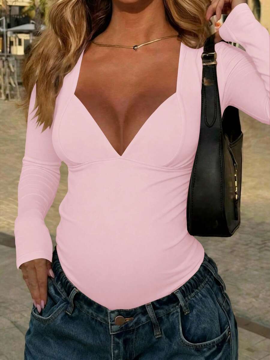 Body cómodo de maternidad, manga larga con cuello en V profundo, tela de alta elasticidad, ropa de embarazo versátil en color rosa - Rosa - Ver 1