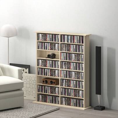 HOMCOM Meuble de rangement multimédia double, étagère DVD à 8 niveaux avec 12 étagères réglables, 16 compartiments, peut contenir 720 CD, 396 DVD ou 396 Blu-Ray, bois naturel
