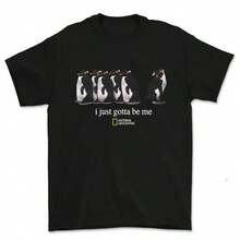 [100% Cotton] I Just Gotta Be Me National Geographic Penguin Print Shirt, Retro Streetwear Tropical, Casual Round Neck Short Sleeve Pullover Tops For Spring / Summer / Fall, Gifts Suitable For Him, Her,-Unisex Women & Men's Campus Daily Wear,Summer Outfits For Women,Vacation Outfits Women,Summer Clothes,Spring Outfits For Women,Summer Tops,Festival Outfits,Easter Outfit Women - 黑色 - 查看 1