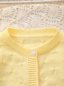 Chaqueta de punto de cuello redondo con perforaciones de unicolor para bebé niña - Amarillo - Ver 2