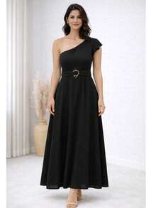 Elegant One-Shoulder Viscose Linen Long Dress For Parties - Black - View 1