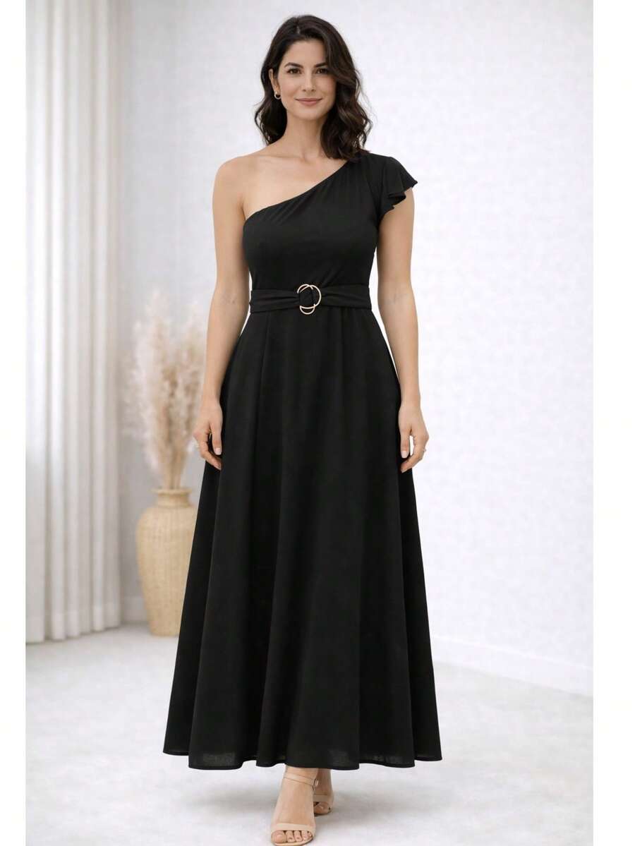 Elegant One-Shoulder Viscose Linen Long Dress For Parties - Black - View 1