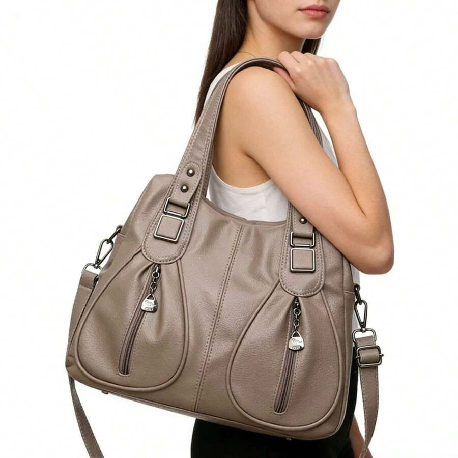 Women's Soft Leather Handbag That Can Be Used As A Shoulder Bag Or Crossbody Bag. Its Design Is Simple, Casual, Elegant And Versatile, Ideal For Middle-Aged Mothers. - Màu Khaki - Xem 1