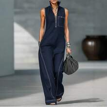 2026 New Model European And American Women's Stand Collar Sleeveless Casual Loose Cotton-Linen Jumpsuit, Elegant Women's Outfits - 天藍色 - 查看 5