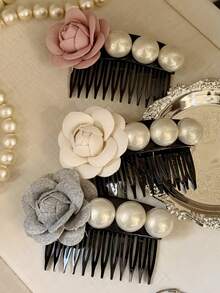 1个时尚珍珠花朵发梳，甜美清新防滑发夹，适合春夏丸子头、侧刘海等造型 - 彩色 - 查看 2