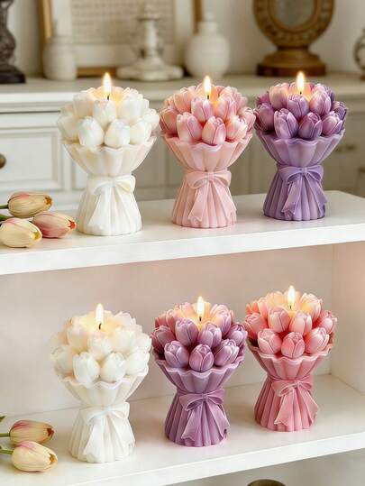 1 khuôn silicon hình bó hoa tulip lãng mạn có nơ dùng để làm nến thơm DIY, đồ thủ công bằng nhựa và thạch cao, quà tặng Ngày Valentine, đám cưới, Ngày của Mẹ.