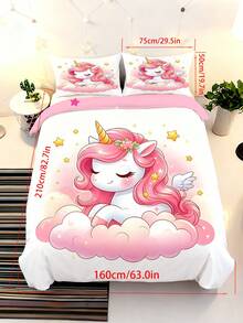 2/3件套梦幻粉色独角兽印花床上用品套装 - 可爱带翅膀的独角兽和云朵图案被套套装，适合女孩打造梦幻卧室装饰，200x200厘米 - 彩色 - 查看 15