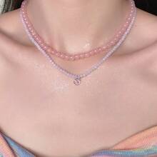 1条柔和水蓝色珠子和锆石项链，独特设计，清爽的颈链，适合女性日常或度假佩戴。 - 淺藍色 - 查看 2