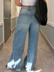 Women's Vintage Asymmetrical Waist Washed Loose Fit Jeans, Versatile, Niche Style With Unique Streetwear Vibe - Medium Wash - View 3