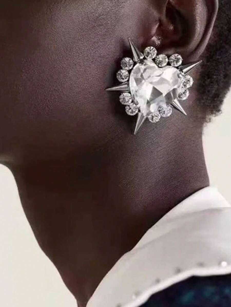 1只银色心形水钻耳环，简约设计，女士日常佩戴耳饰 - 銀色 - 查看 1