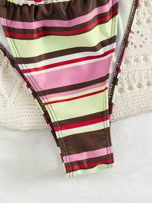 Ensemble de bikini sexy minimaliste chic pour femmes, deux pièces, imprimé rayé, bikini à col ras-du-cou avec liens, pour la plage, les vacances, les sorties, nouvelle arrivée printemps/été - Bande verte de café - Voir 6