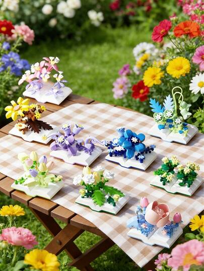 Assorted Flower & Book Series Micro-Particle Building Blocks Toy, ABS Material Assembly, DIY Handmade Puzzle Toy, Creative Stress Relief Assembly/Gift Box Packaging, Ideal For Desktop Decor, Display Collection And Birthday Gift