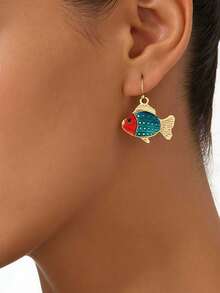 1 Par de Brincos Estilo Boêmio com Elementos Marinhos, Peixes Coloridos Pendentes, Adequado para Férias na Praia - Ouro amarelo - Visão 3