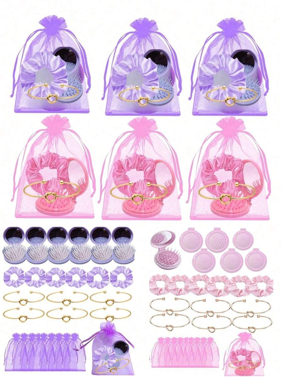 12pcs Set (Including 3 Foldable Mirror‑Combs, 3 Heart‑Shaped Chains, 3 Hair Ties, 3 Organza Bags), Party Accessory Gift Set, 2‑In‑1 Foldable Makeup Mirror And Comb, Portable Air Cushion Comb, Women's Party Gift Set, Fall Style Christmas 2026 - A - View 1