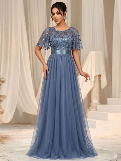 EVERPRETTY Floral Sequin Ruffle Sleeve Mesh Patchwork Dress Dusty Blue Bridesmaid Dresses Suitable For Galas, Semi-Formal Dinners, Elegant Evening Gowns, Spring Summer Wedding Guest Dress Party