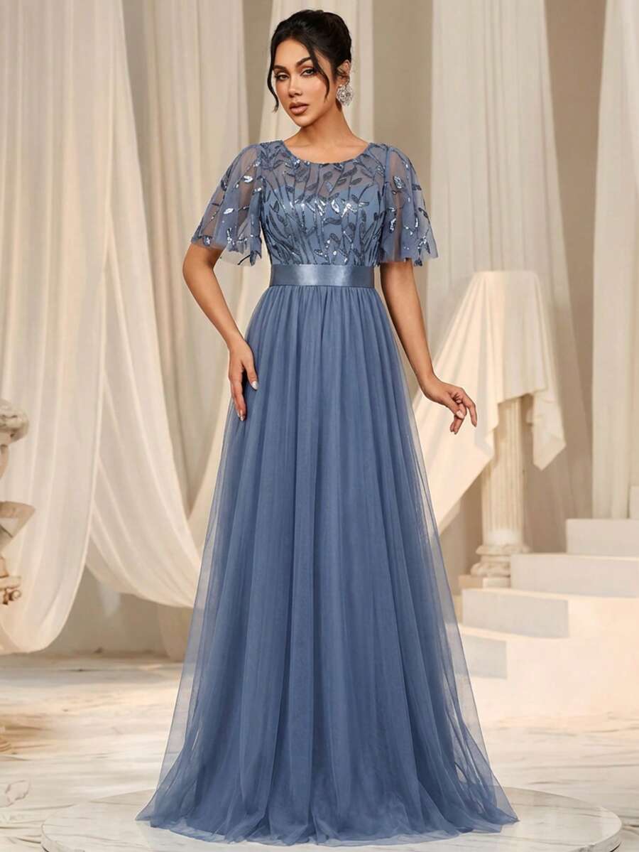 Sequin Embroidered Mesh Patchwork Blue-Grey Bridesmaid Dress, Suitable For Evening Party, Semi-Formal Gala, Elegant Wedding Guest Dress, Spring/Summer