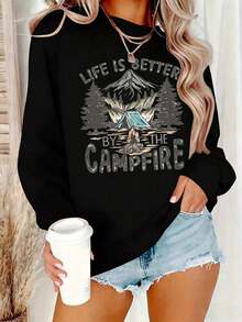 Suéter gráfico de campamento para mujer - "La vida es mejor junto ade montaña y árbol de pino, suéter de cuello redondo cálido para otoño e invierno, de elasticidad media, informal, lavable - Negro - Ver 2