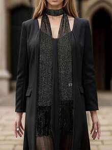 1件装时尚百搭女士闪光音乐节/派对/约会/Y2K/极简流苏围巾/腰带（可用作腰带、头带、多功能披肩） - 純黑 - 查看 2