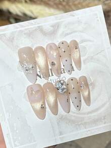 10pcs Handmade Nails Oval Almond Nails Acrylic Press On Nails Long, Gentle Nude Pink Nails Gradient, Gold Flashy Cateye, Handpainted Polka Dots Butterfly 3D Flower, Nail Gems Large Stone Diamond Pearl Inlaid, Edgy Elegant Simple Spring Nails, Summer Press On Nails, Party Daily & Dating Use Beach Tropical Getaway Suitable,DIY False Nail Art Suitable For Women & Girls As Gift Nail Supplies - Pink - View 3