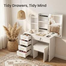 LED Illuminated Makeup Vanity Table With 5 Drawers, Stylish Dressing Desk With Soft Stool For Ladies - 白色 - 查看 10