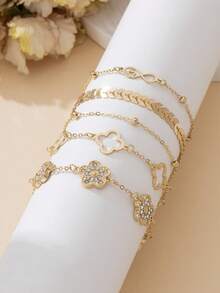 Bộ 5 món dây chuyền phong cách nghỉ hè, họa tiết cỏ bốn lá rỗng màu vàng, và vòng chân cỏ năm lá lấp lánh dành cho nữ. - Vàng - Xem 5