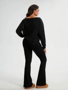 YZMJAFU Women's Spring/Summer 2-Piece Set: Drop-Shoulder Long Pullover & Drawstring Waist Sweatpants - Black - View 3