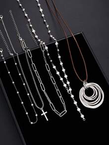 17KM 5pcs Minimalist Fashionable Exaggerated Silver Chunky Chain Cross Spiral Geometric Pendant Necklace Set, Long Y-Shaped Chain Necklace, Suitable For Girlfriend, Mom, Vacation, Date, Party, Wedding - Silver - View 4