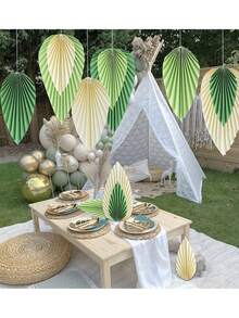 9 pièces/set Éventails en papier verts d'été, décoration suspendue d'arrière-plan de fête de design de feuille bohème, toile de fond photo d'anniversaire, décoration intérieure de célébration de festival pour la maison - Multicolore - Voir 6