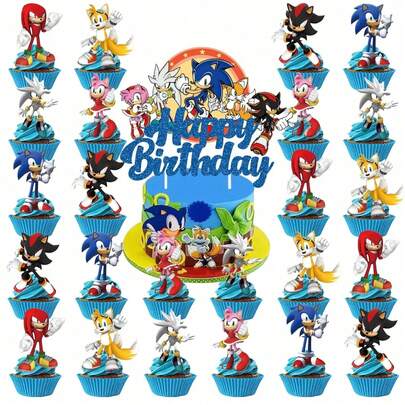 Hasbro 25 piezas Decoraciones de fiesta de cumpleaños con tema de Sonic azul, decoración de pastel, decoraciones de pastel para fiestas en casa, decoraciones de Halloween y Navidad