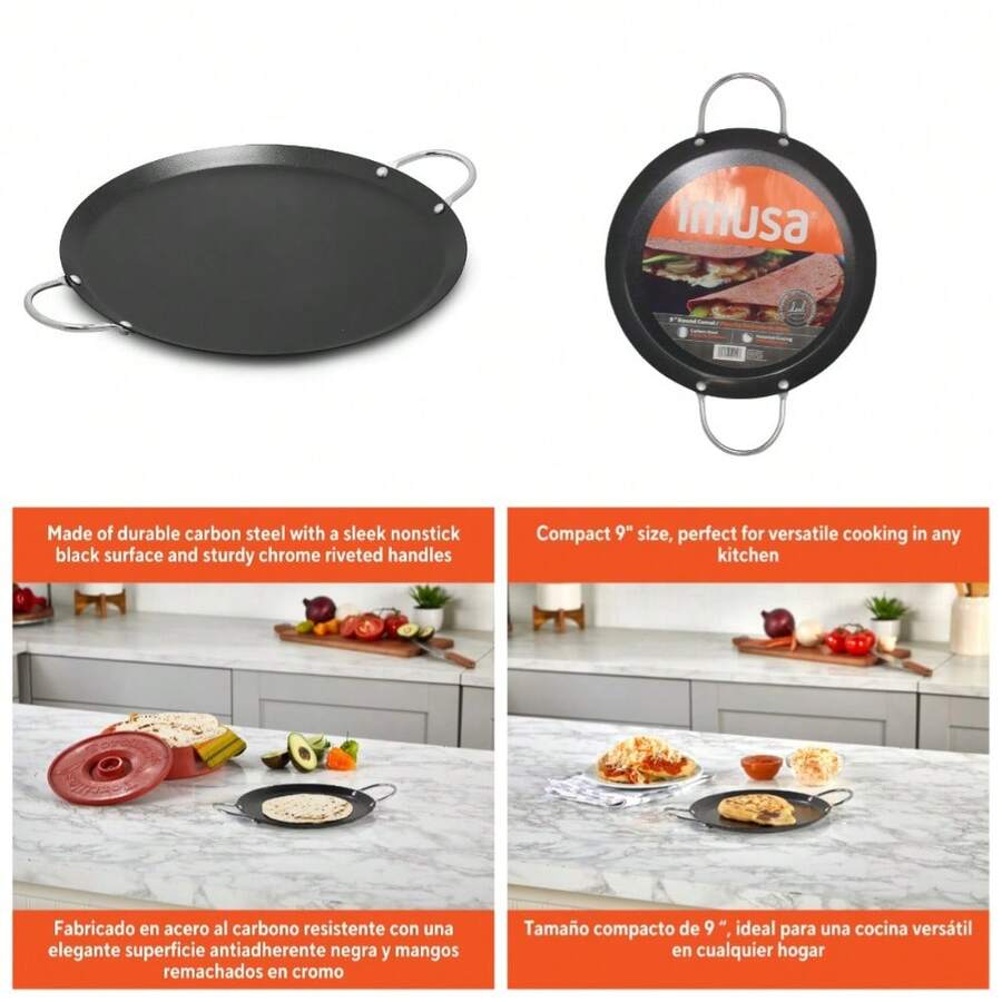 Round Carbon Steel Nonstick Comal With Metal Handles Black Kitchen Griddle - 1 - View 1