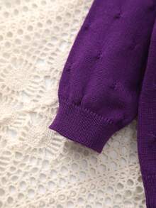 Baby Girl Knitted Round Neck Perforated Solid Color Cardigan - Purple - View 4