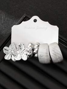 2/6/18pcs Fashionable Women Silver-Tone Earring Set, Includes Rose Flower, Preserved Flower, Orchid, Smooth C-Hoop, Striped C-Hoop, Twisted C-Hoop, Smooth Round Ball, Vertical Stripe Teardrop, Variety Of Textures, Suitable For Pairing With Different Styles - Silver - View 4