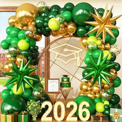 这款 113 件套绿色和金色气球拱门套装包含各种尺寸的星星和绿色气球，非常适合 2026 年的生日派对、毕业典礼、婴儿派对、周年纪念日和丛林探险主题夏季派对装饰。