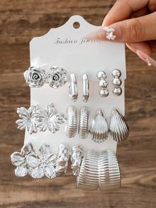 Bộ khuyên tai nữ thời trang mạ bạc 2/6/18 chiếc, bao gồm hoa hồng, hoa khô, hoa lan, khuyên tai hình chữ C trơn, khuyên tai hình chữ C kẻ sọc, khuyên tai hình chữ C xoắn, khuyên tai hình cầu tròn trơn, khuyên tai hình giọt nước kẻ sọc dọc, đa dạng về chất liệu, phù hợp để phối với nhiều phong cách khác nhau. - Bạc - View 9