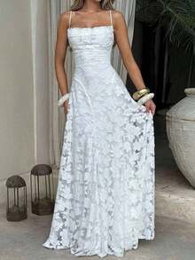 Women's & Elegant Summer Dress With Drawstring Waist And Backless Design, Made Of Jacquard Fabric, Suitable Vacation, Beach, Date, Back To School, Wedding, Party And Other Occasions - 白色 - 查看 2