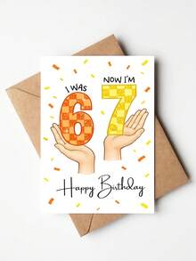 1pc Greeting Card With Envelope, Funny Birthday Card For Family & Friends, Birthday Gift Featuring Hands Holding Glitter Checkered "I Was 6 Now I'm 7 Numbers & Confetti Design, A Beautiful And Fun Birthday Greeting Card - Multicolor - View 2