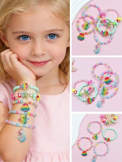 Set de 5 piezas de pulseras de joyería con cuentas de perlas con temática marina de pulpo, concha, pez, caballito de mar y estrella de mar, adecuado para uso diario, festivales, fiestas, eventos escolares, regalo de cumpleaños para niñas