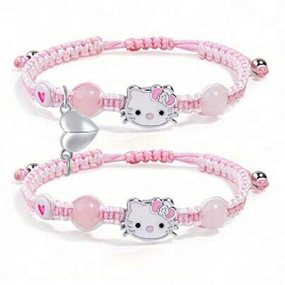 SANRIO 2条装三丽鸥Hello Kitty编织手链，可调节，时尚、优雅、简约、多功能运动手链，爱心、朋友或情侣礼物，手部饰品，创意设计