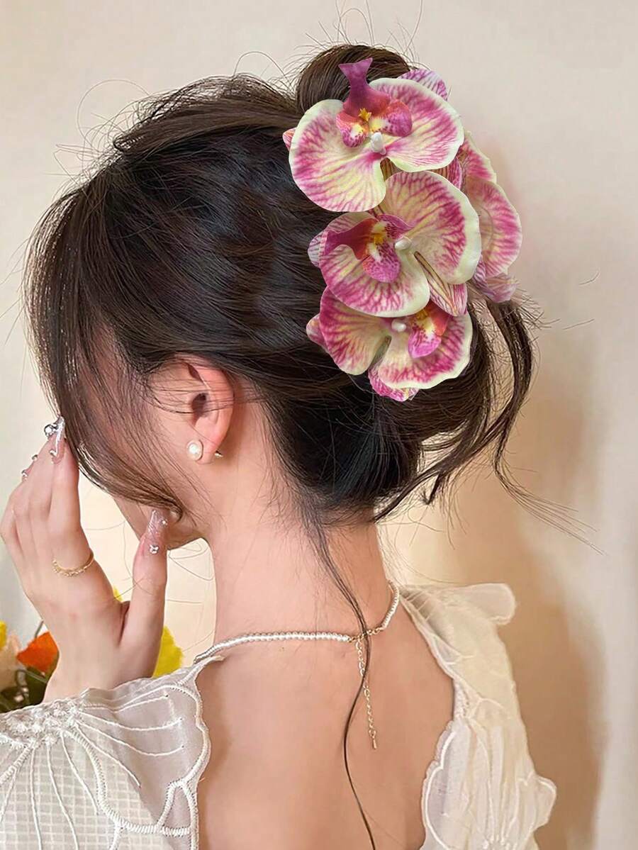1个双色兰花发夹,人造花发饰,优雅适合盘发造型、婚礼和正式场合,夏季沙滩抓夹,度假发夹,沙滩发爪 - 彩色 - 查看 1