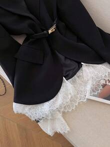 Áo khoác blazer nữ màu đen thanh lịch, đa năng, viền ren trắng ở gấu áo và cổ tay, phù hợp cho công sở, hẹn hò, đi làm, dự tiệc và mặc hàng ngày (không kèm thắt lưng). - màu đen - Xem 9
