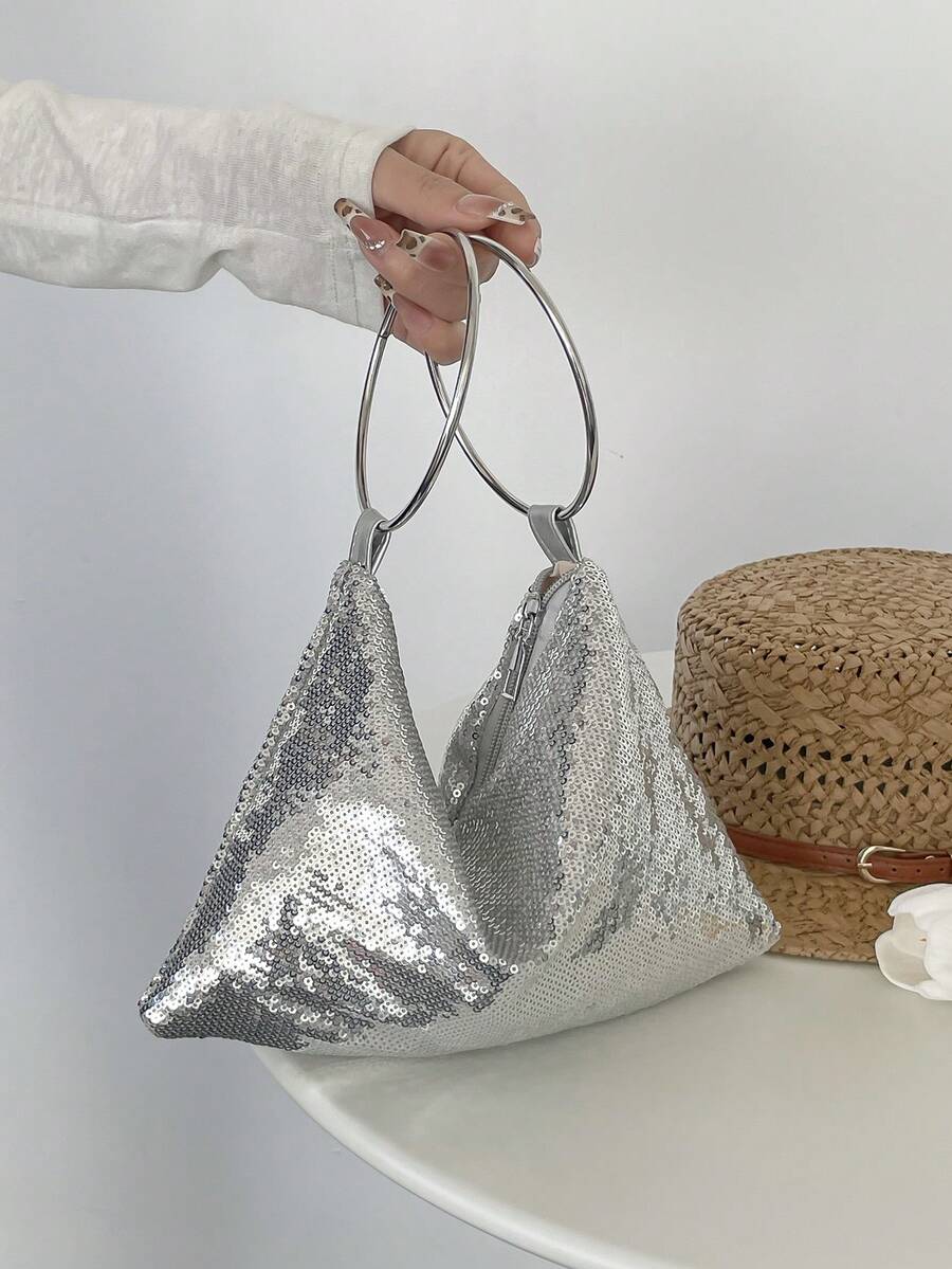 1个亮片PE（聚乙烯）拉链时尚女士晚宴手拿包，适合派对使用 - 銀色 - 查看 1