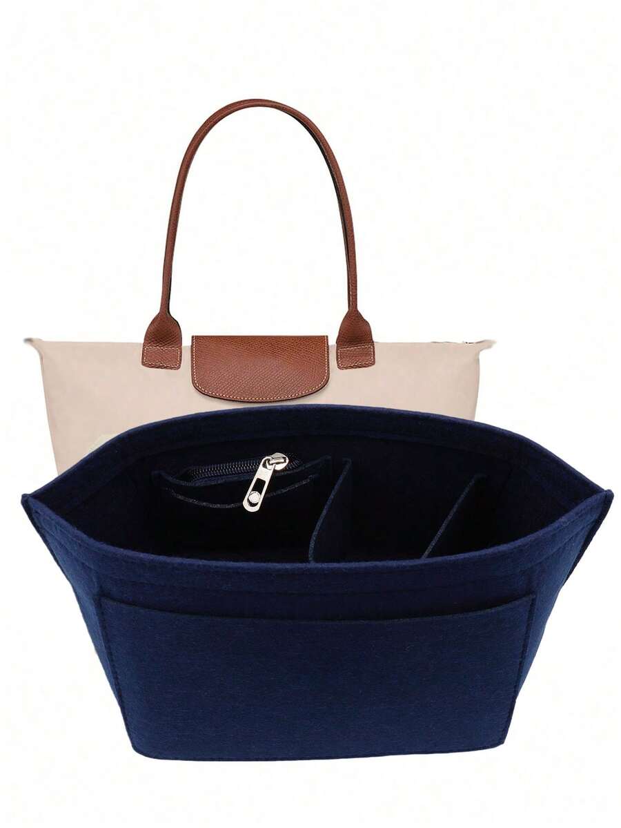 Felt Bag Liner With Zipper For Le L Tote And M Handbag, Long Champ Style Bag Organizer Insert With Cup Holder, Women Purse Shaper With 8 Compartments Festival Graduation Teacher Appreciation Gifts Birthday Gift Mother Gifts Mothers Day Gift Holiday Essentials Graduation Gifts Cute - Navy Blue - View 1