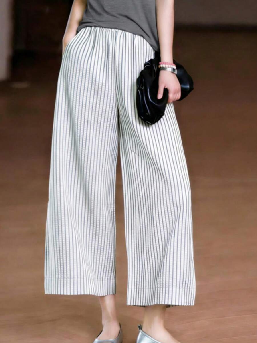 女士夏季七分阔腿条纹涤纶裤，带口袋，无弹力面料，春季款 - 黑與白 - 查看 1