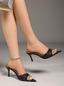 2026 Nuevas sandalias de tacón alto de punta fina y tacón de aguja con estilo elegante de dama, de encaje sexy y resistentes al agua - Negro - Ver 3