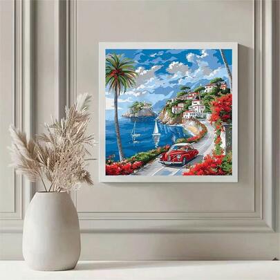 1pc Large Size 5D Round Diamond Painting Kit, Featuring Coastal Town Theme With Sparkling Diamond Decor. Handcraft The Scenic View Of Blue Sea, Red Houses, Flower Path, And Vintage Red Car. Serve As Unique Home Wall Decor Or Halloween/Christmas Handmade Gift, Bringing Artistic Accomplishment And Warm Atmosphere. No Frame Included.