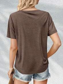 Casual Versatile Solid Color V-Neck Soft Breathable Short Sleeve T-Shirt, Suitable For Spring/Summer Daily And Home Wear - Dark Brown - View 5