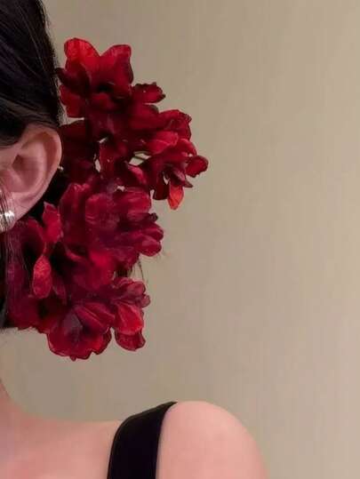 1 Chinese Hairpin - Burgundy Hibiscus Hairpin, Adorned With Red Flowers And Green Leaves, Suitable For Weddings And Daily Hair Accessories, Can Be Used For Updos, Braids, Ponytails - Traditional Hairpin, Suitable For Asian Style Hairstyles, Vintage Red Flower Hairpin, Can Be Paired With Hanfu, Qipao, And Bridal Floral Hair Accessories. Hairpin Headwear