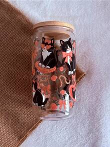 Ly thủy tinh đựng trà xanh Matcha hình mèo may mắn thắt nơ cam 16oz, in nhiệt độ cao, thích hợp dùng cho cà phê, trà xanh Matcha, sữa, soda, nước có ga, ly hình lon có ống hút, ly đựng đồ uống nóng/lạnh, lựa chọn quà tặng tốt nhất. - Nhiều màu - Xem 6