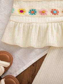 2pcs Girls Casual Solid Color Sleeveless Top With Ruffle Trim And Solid Color Pants Set, Spring/Summer - Apricot - View 6