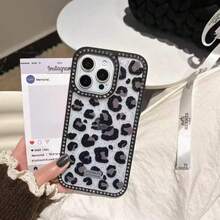 Cheetah,Leopard Print 1pc Luxury Leopard Print Rhinestone Transparent Phone Case, Compatible With IPhone 17/17 Air/17 Pro/17 Pro Max/16 16 Pro 16 Plus 16 Pro Max 15 14 13 Pro Max 13 12 11, Soft Shock-Proof Anti-Fall Full Coverage Phone Case - Black - View 1